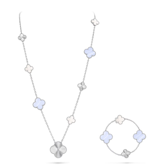 [⭐⭐JeweliWhal]DETACHABLE CLOVER 15(11+4) FLOWER SILVER NECKLACE SET