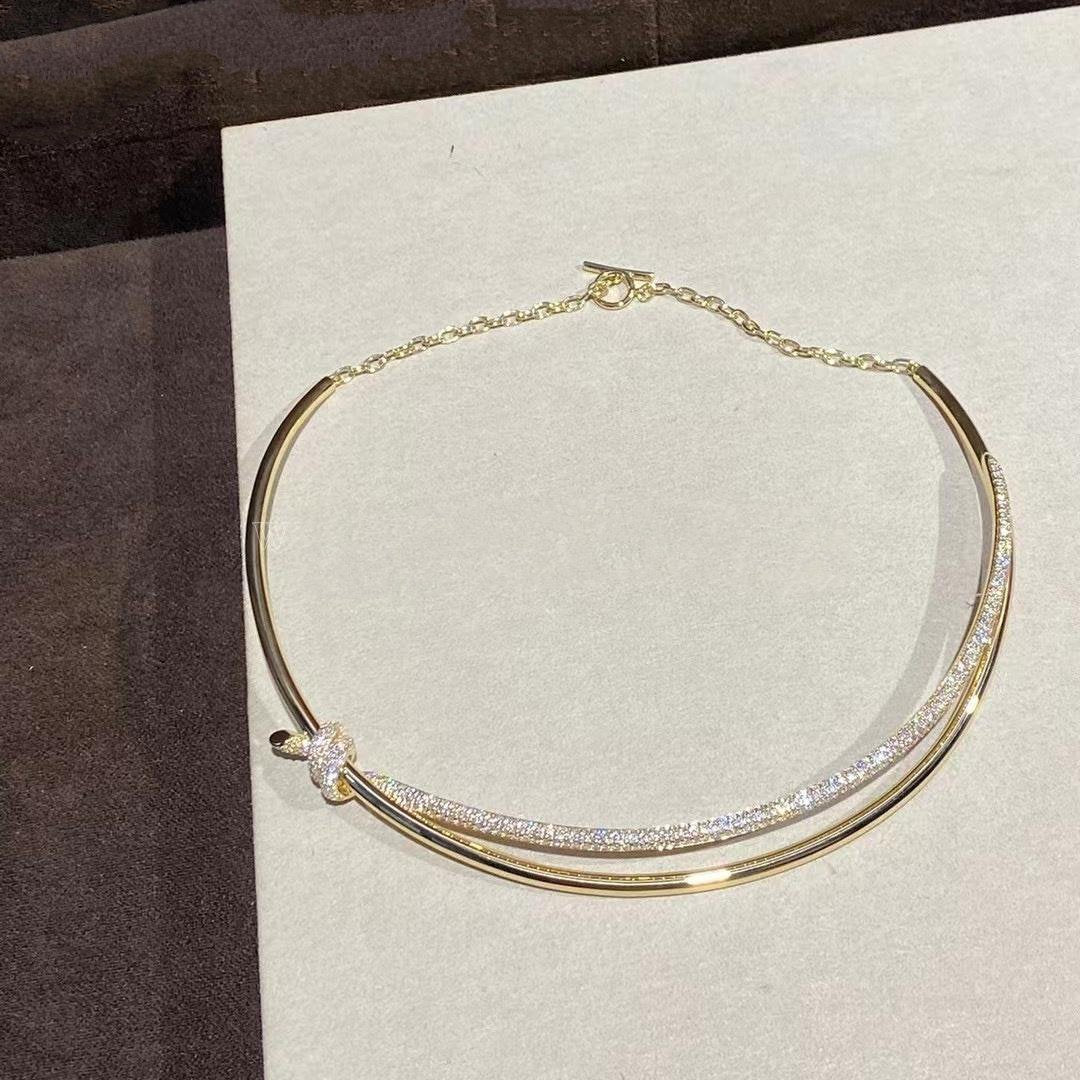 [⭐JeweliWhal]KNOT DOUBLE ROW NECKLACE IN YELLOW GOLD WITH DIAMONDS