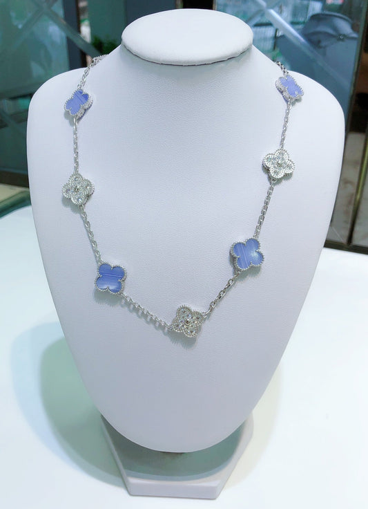 [⭐⭐JeweliWhal]CLOVER 10 MOTIFS CHALCEDONY DIAMONDS SILVER NECKLACE