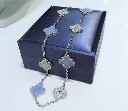 [⭐⭐JeweliWhal]CLOVER 10 MOTIFS CHALCEDONY DIAMONDS SILVER NECKLACE